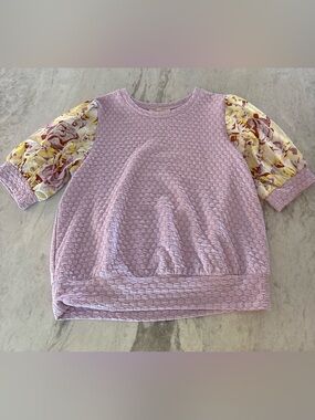Lilac Textured Top with Floral Puff Sleeves